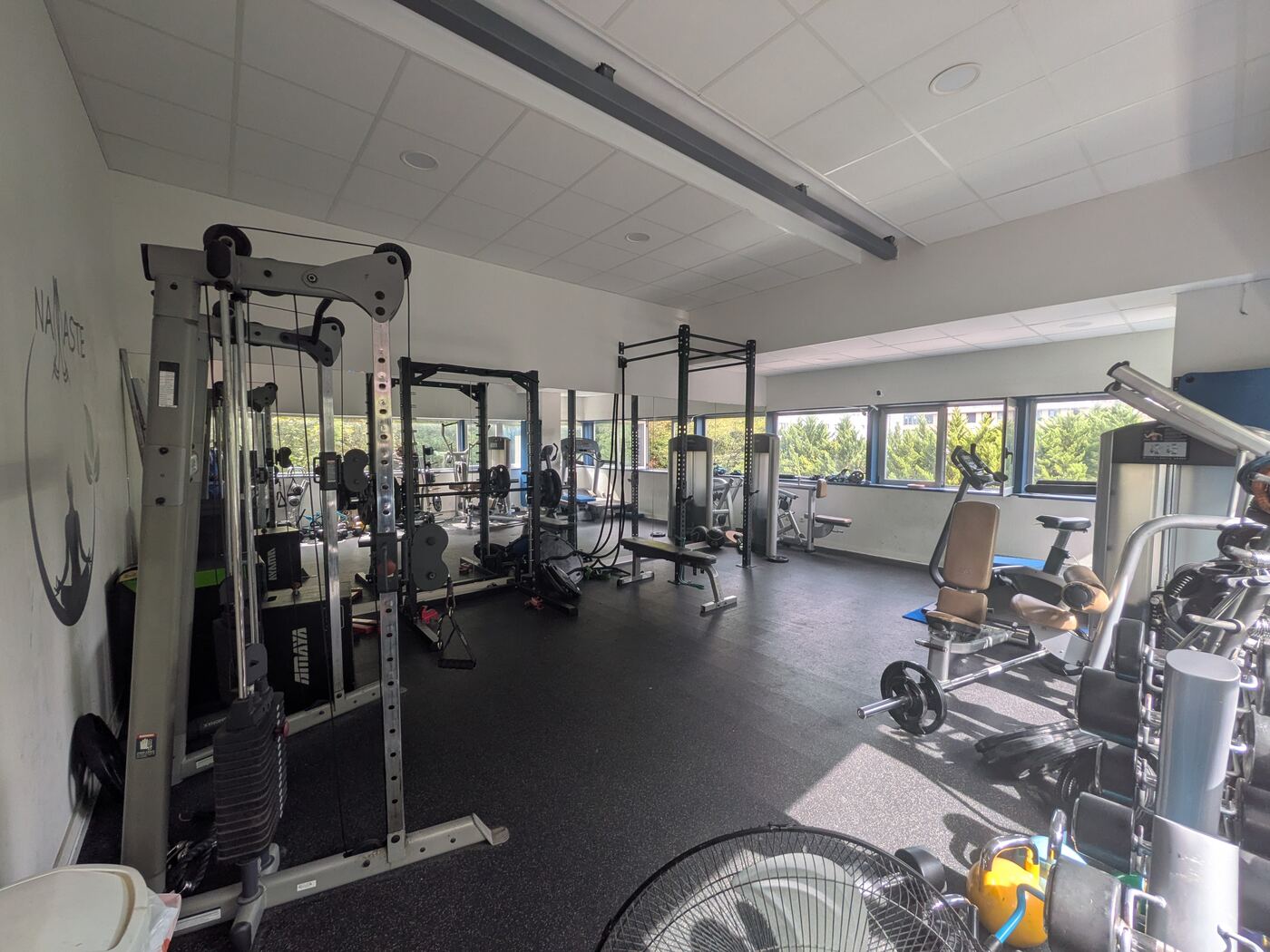 Gimnasio con máquinas, racks y pesos libres